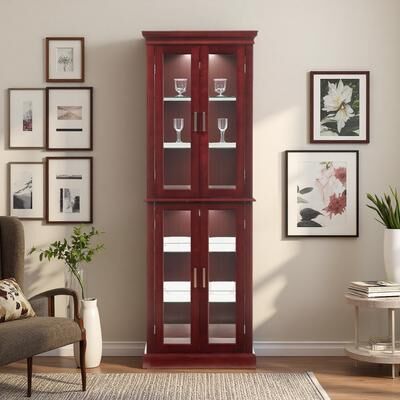 ZWYO HOSIMU "23.75"" Composite Wood Tempered Glass 6-Shelf LED Lighted Display Cabinet with Mirrored Back & Adjustable Shelves"
