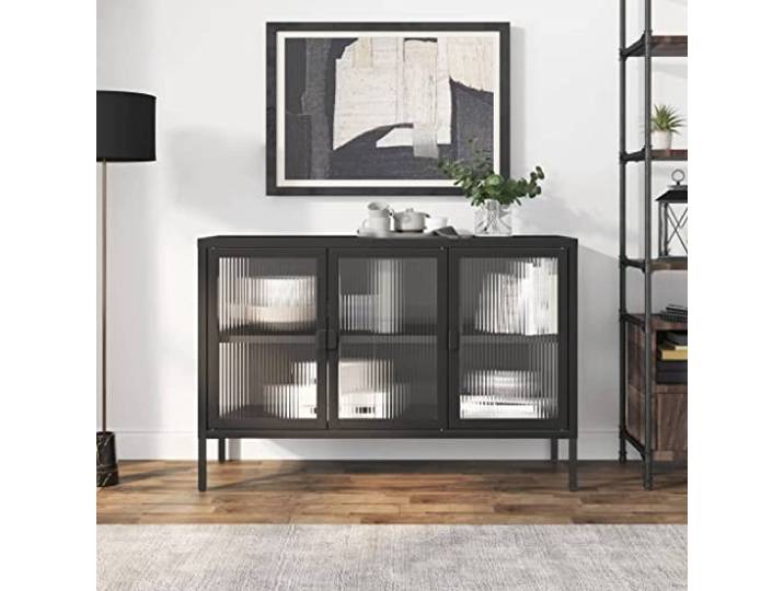 HEFZGDB Praktisches Sideboard mit viel Stauraum aus Stahl und Glas, Sideboard mit Riffelglas Design, Einlegeboden und Nivellierfüßen für eine stabile Aufstellung