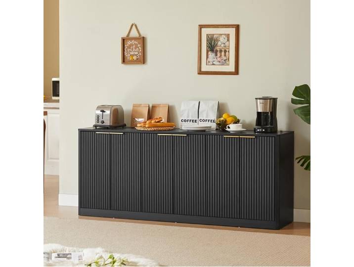 Buffet bas - KOMHTOM - 170 x 40 x 70 5 cm - 6 portes - Noir - Design vague sculpté