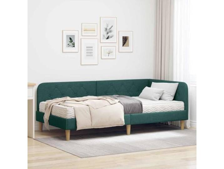 Stoffbezug L Form Schlafzimmer Eckbettgestell Dunkelgrün 100 x 200 cm Eckbettgestell mit Matratze Dunkelgrün 100x200 cm Stoff L-Form Schlafsofa Klappbett mit Schaumstoffmatratze für Schlafzimmer