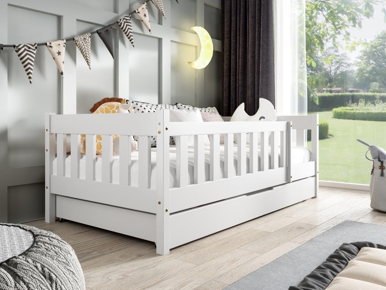 MTJMöbel Kinderbett POLA 160x80cm mit Matratze, Hausbett mit Schublade und Schutzbarriere, Weiß Holz