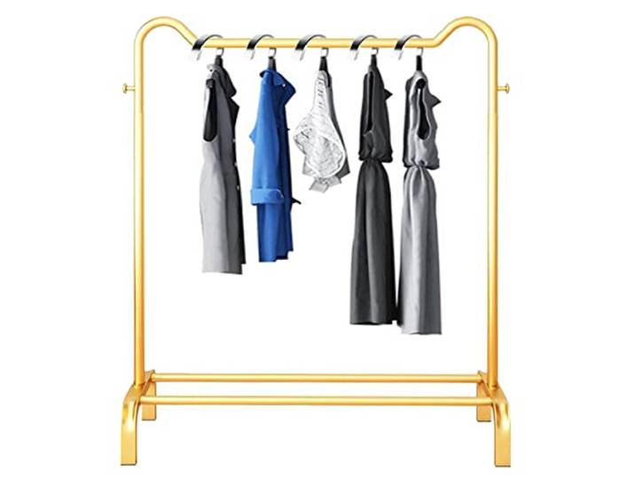 Strapazierfähige Kleiderstange Gold Kleiderbügel Modern Schlafzimmer Veranda Kleiderladen Display Garderobe mit Haken und Aufbewahrungs-Querstange (Größe: 150 cm)