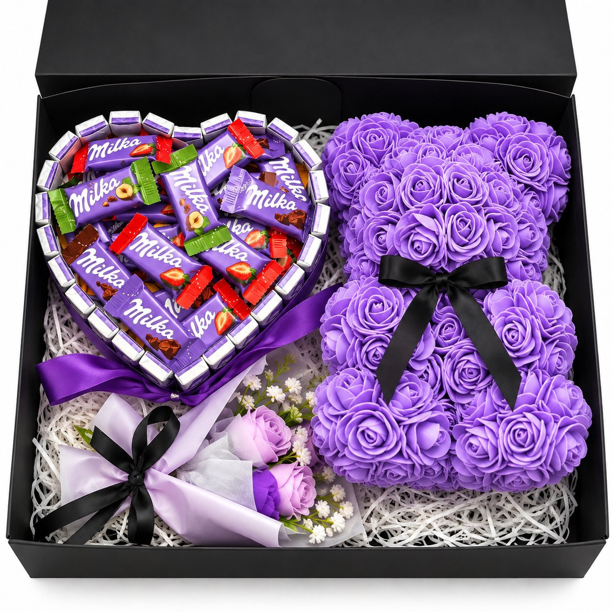 Nina’s Giftshop Valentijn Cadeau Set voor Haar met Milka Chocolade Hart, Rozen Teddybeer en Zeepbloemen