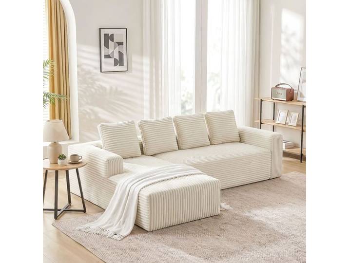 Canapé d'angle modulable beige en velours côtelé