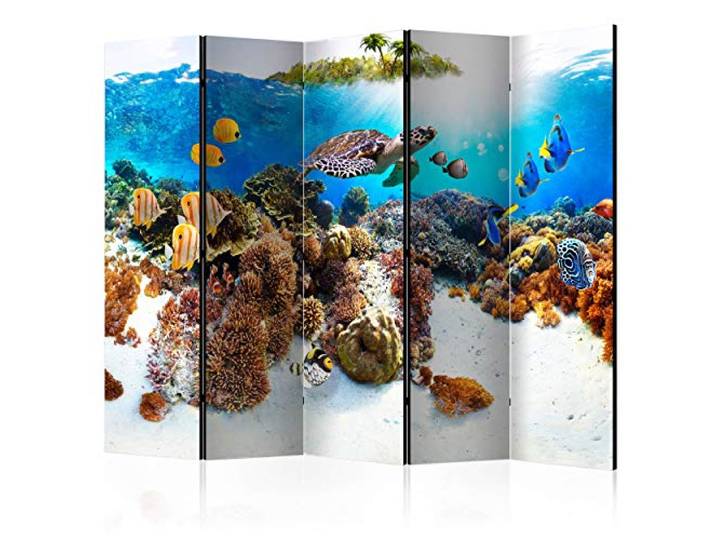 decomonkey Paravent Raumteiler Innen Korallenriff, 225x172 cm, 5-teilig Einseitig, Meer, Fisch, Wohnzimmer, Room Divider, Wall, Raumteiler Stehend, Trennwand, Sichtschutz, Spanische Wand, Holz