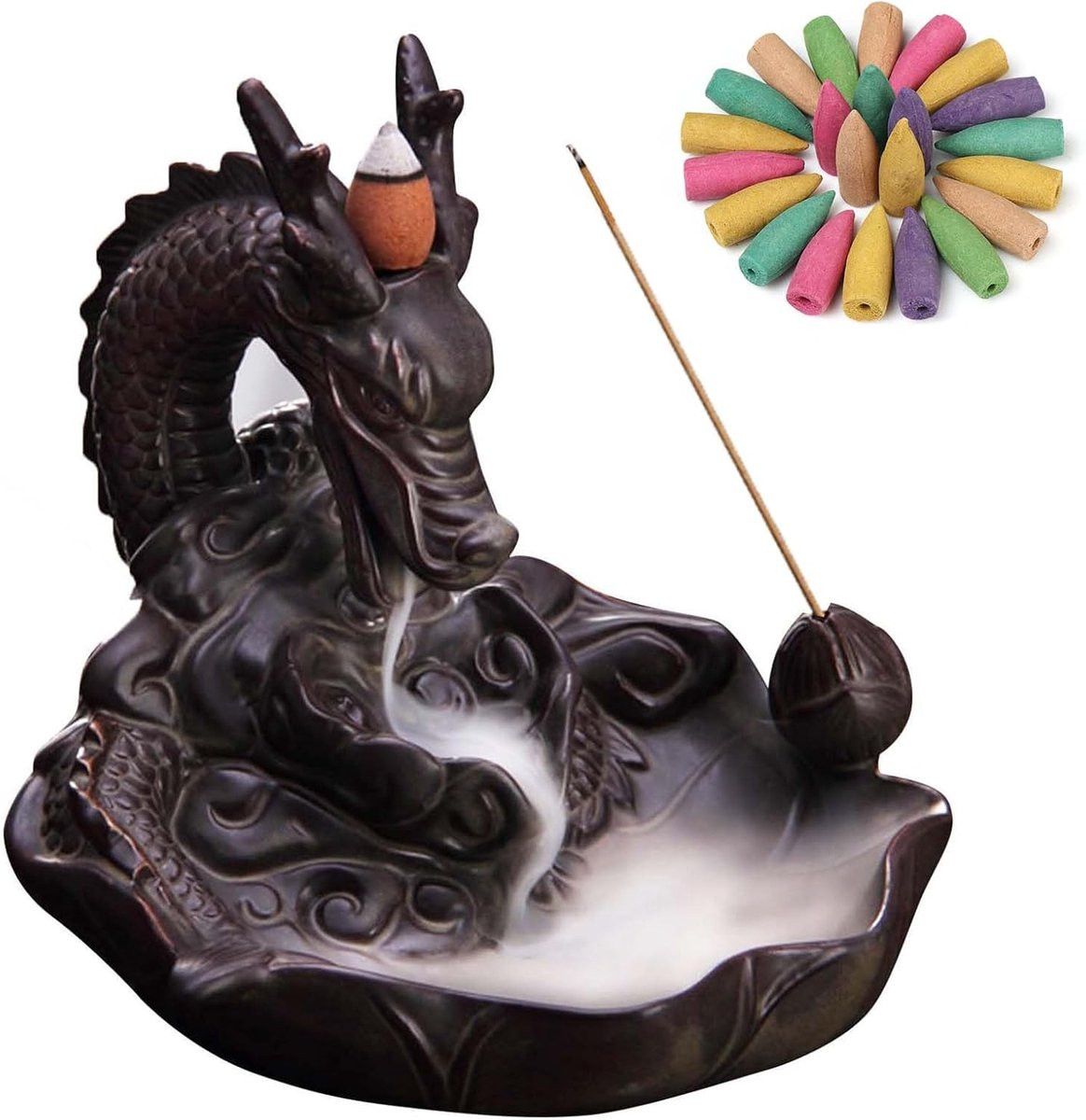 Dromen Draak Branden Wierookhouder Waterval Handgemaakt Keramiek Bruin B/D/H: 16 x 16 x 15 cm