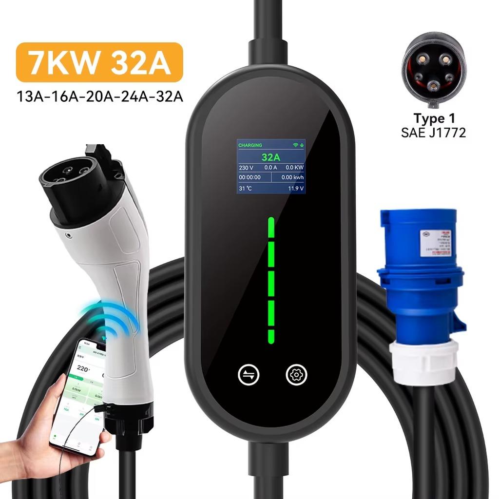 Mobiles Elektroauto-Ladegerät - Typ 1 - 7 kW - 32 A - 3,5 m Kabel - WLAN-App-Steuerung - IP55 - 110-240 V
