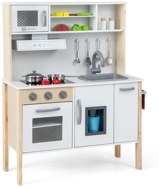 Kids Kitchen Playset Wooden Pretend Play Chef Toy w/ Accessories