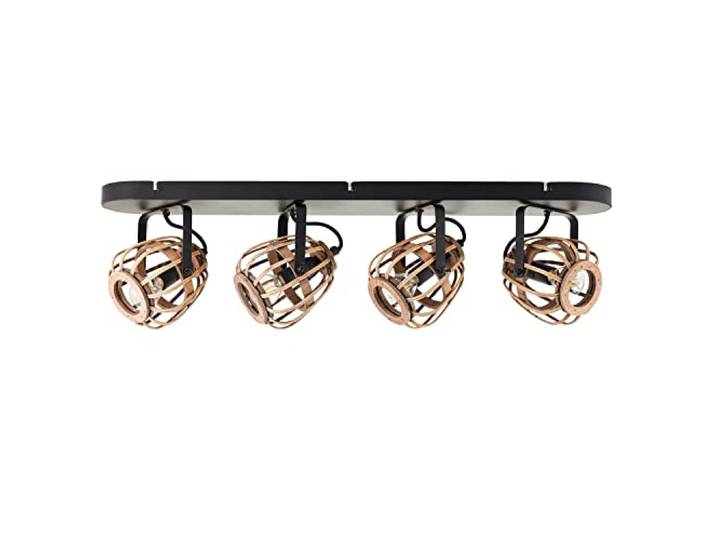 mokebo® Deckenlampe oder Boho Lampe mit Rattan 'Die Natürliche', vintage Deckenstrahler dimmbar mit 4 spots, schwarz mit Lampenschirm aus Rattan Holz, Korb, für Wohnzimmer & Schlafzimmer
