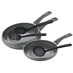 San Ignacio - Set aus Pfannen (20, 24 und 28 cm, Kleeblatt aus gepresstem Aluminium und Set von Nylon-Küchenutensilien)