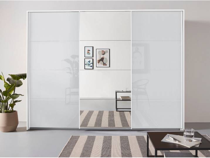 Schwebetürenschrank, Weiß, 278x233x68 cm, Holzwerkstoff, Mit Mittelspiegel, Klassisch, Rauch