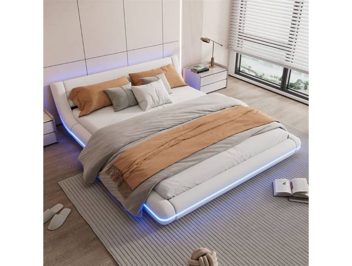 DRIPEX Lit Double 160×200cm avec lumière d'ambiance LED Lit rembourré en PU lit de sol Blanc