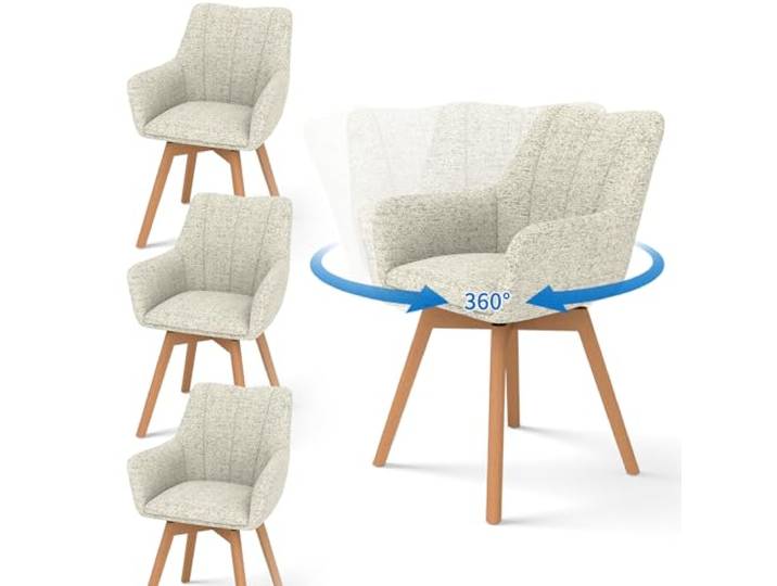 WAFTING Esszimmerstühle 4er Set Drehbar 360° mit Holzbeinen, Khaki Tweed-Stoff, Armlehnstuhl, Moderner Polsterstuhl, Drehstuhl, Esszimmerstuhl Drehbar, Wohnzimmer, Arbeitszimmer, Schlafzimmer