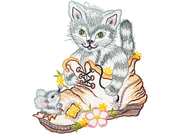 Fensterbild Fensterbild Katze im Schuh farbig , bunt, B:21cm H:23cm, Polyester, W. REUTER & SOHN - PLAUENER SPITZE, Fensterbilder, Fensterbild