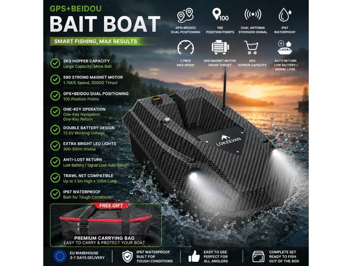 Bateau à appâts D50B avec GPS et télécommande, 12V, 1,7 m/s, 2 x 15600 mAh, charge de 2 kg, GPS + BeiDou, retour automatique, bateau à appâts de pêche RC