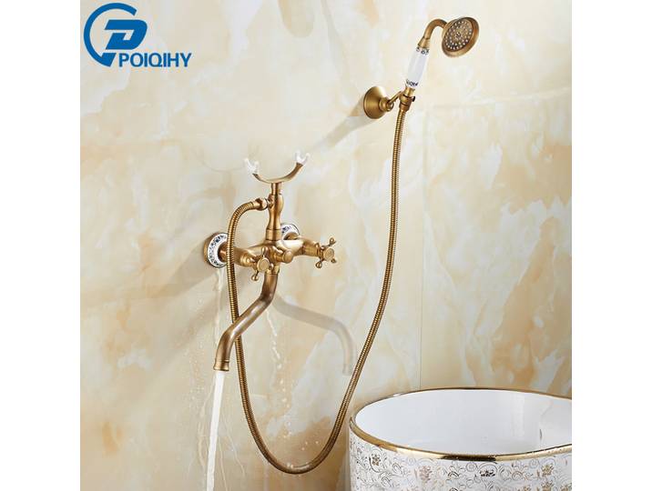 Robinets de baignoire en laiton Antique, salle de bains murale, robinet mitigeur de douche, mitigeur de baignoire à bec Long avec douchette