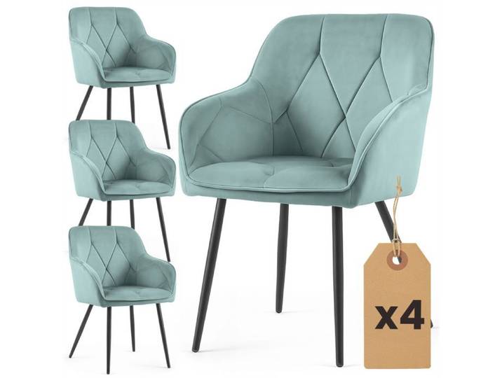 Lot de 4 Chaises en velours matelassées DIAMANTE Turquoise pieds noirs