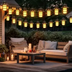 Solar Lichterkette Solarlampe LED Aussen Gartenlampe Flammeneffekt, Akku Erdspieß, schwarz, 16x LED Laterne warmweiß, DxL 8x200 cm