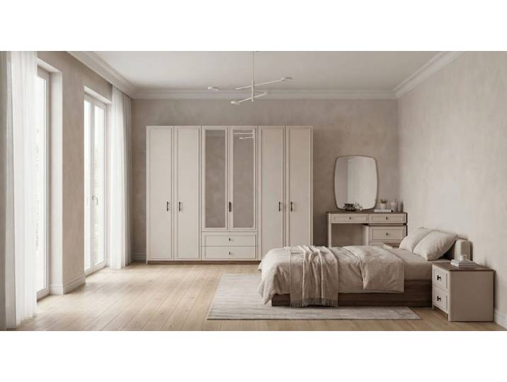 JVmoebel Schlafzimmer-Set Exklusives Schlafzimmer Set Beige Modern Holz-Optik Schrank Nachttisch, (5-tlg., 6-tlg. Set: 6-türiger Schrank, 2 Nachttische, Frisiertisch, Spiegel)