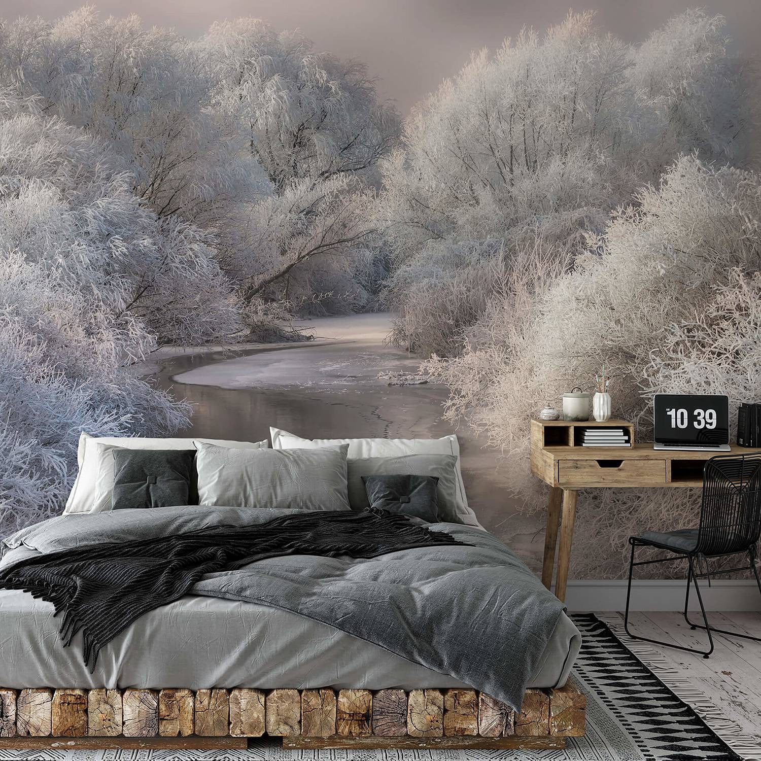 home24 Fotobehang Winter Bos Meer, Wit en Grijs, B: 300 cm, H: 200 cm