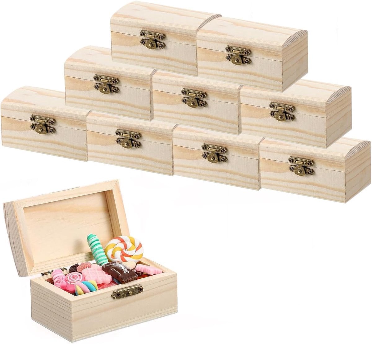 Set van 10 houten mini schatkistjes in bruin en beige voor opslag en decoratie