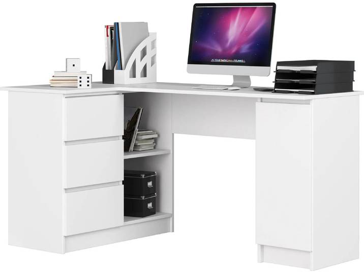 Bureau d'angle Blanc avec Tiroirs et Étagères 155 cm B20 CLP Gauche