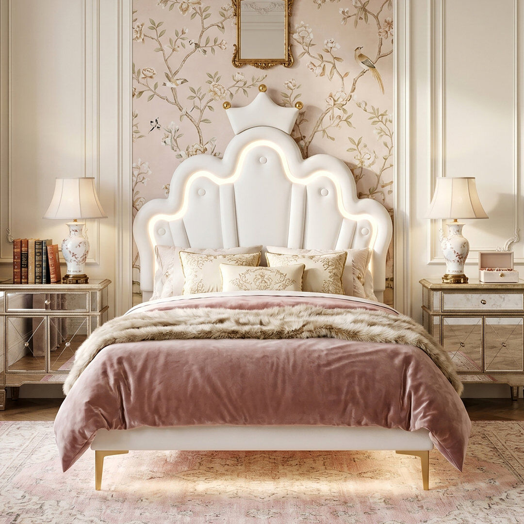 Fairmont Park Multi-Sizes Upholstered Princess Bed With Dual-Zone Led, PU Leather Height-Adjustable Headboard, Pink/White (90x190, 90x200, 140x200) White Single (3')