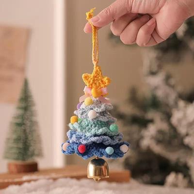 Inspired Deals Hand Knitted Christmas Crochet Tree Ornaments With Bells Decorative Holiday Accents blue