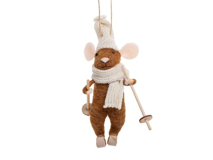 Weihnachtsanhänger Maus mit Skiern aus Kiefernholz, braun