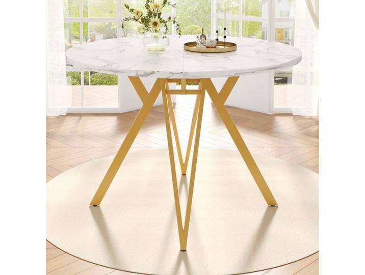 Table ronde dorée 100 × 100 × 76 cm en MDF effet marbre avec pieds réglables