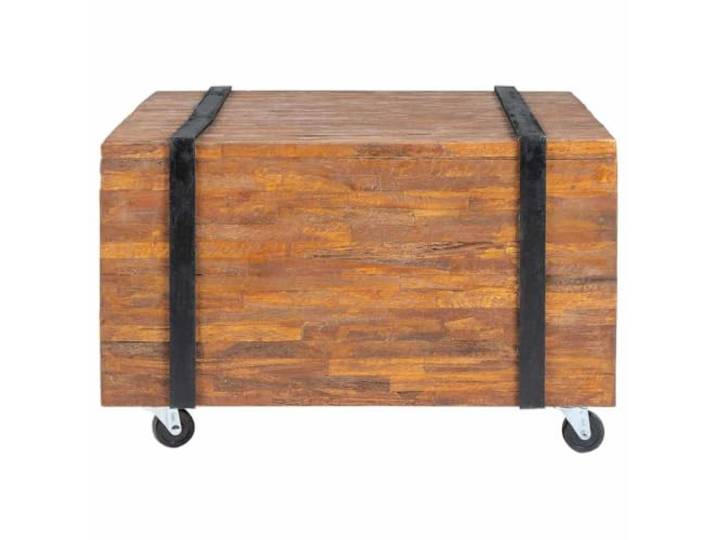 GPUTYGHN Beistelltisch Teak 60x60x38 cm mit Rollen Industrielles Design, gestapelte Holzbalken Optik, schwarze Riemen, vier Räder, leicht zu reinigen