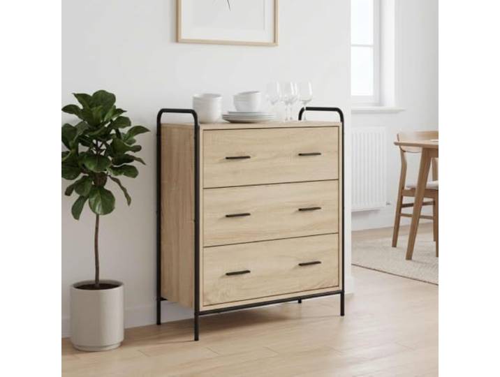 Xhnifbn Sideboard Sonoma-Eiche 73x33x81 cm Kommode Flur Wohnzimmer Vielseitige Schubladenkommode fuer Esszimmer und Schlafzimmer, pflegeleichter Holzwerkstoff mit Stahlgestell.