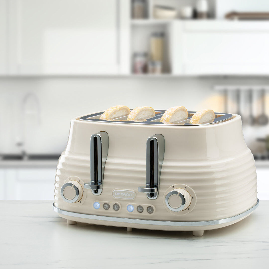 Daewoo Sienna Retro 4-Slice Toaster High Lift Handle 6 Settings Defrost Reheat Cream 4 - Slice