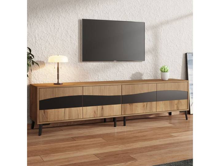 Meuble TV - Design Symétrique - 180x40x50cm - Bois Naturel - 4 Armoires - Capacité 30kg