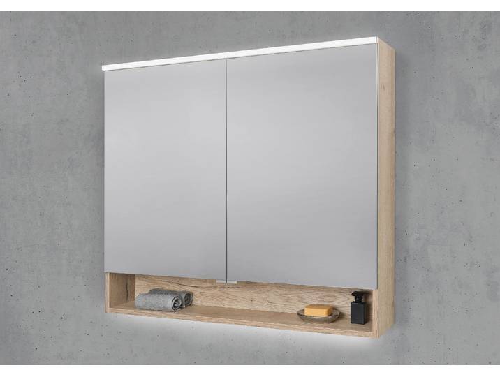 Spiegelschrank 100 cm mit offenem Fach MULTI Light LED Beleuchtung Doppelspiegeltüren