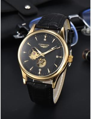 Fashion Sheath Automatic Skeleton Mechanical Watch For Men With Roman Numeral Dial black Gold