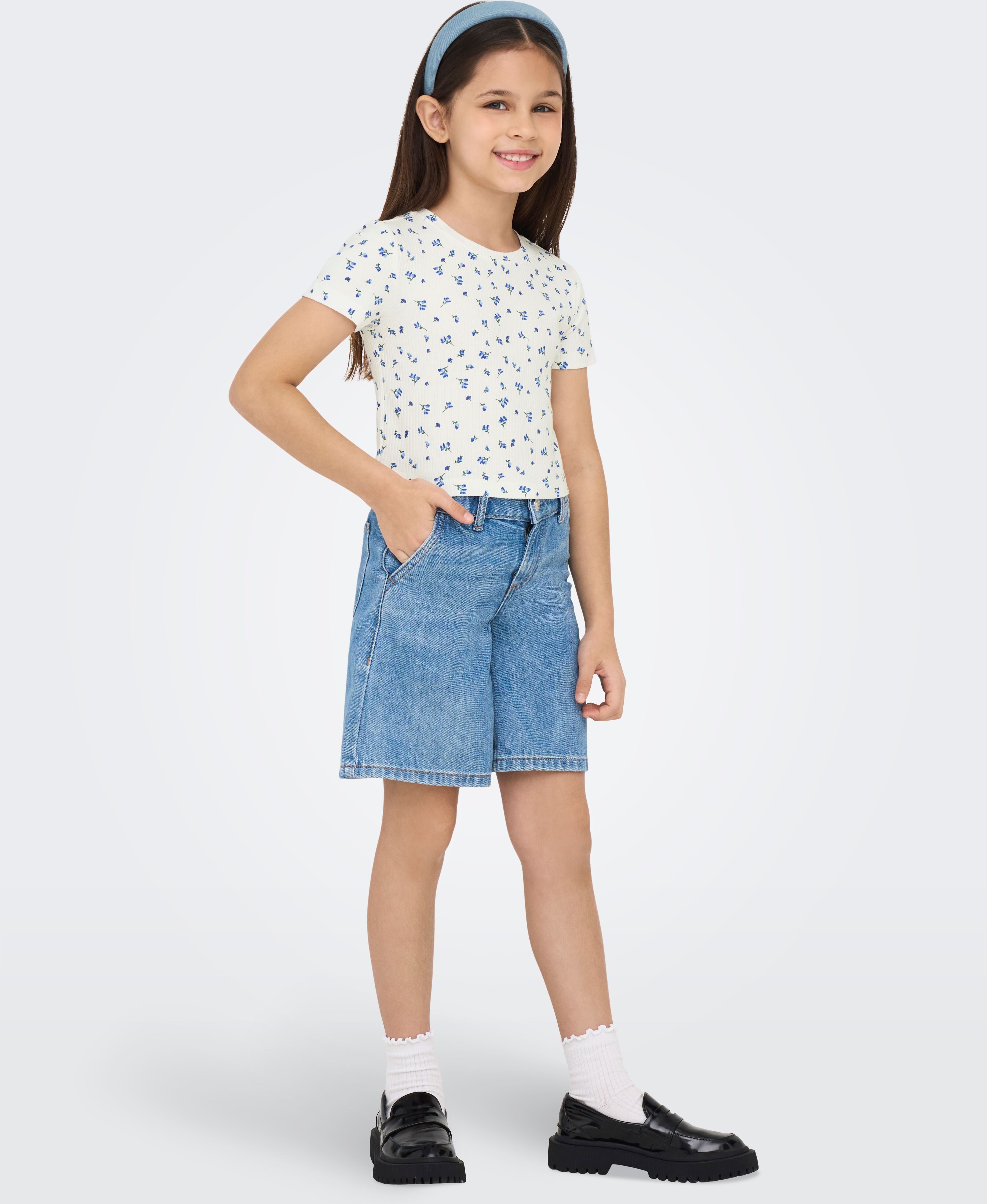 T-Shirt KIDS ONLY "KOGBELLA LIFE SHORT AOP S/S TOP JRS NOOS", Mädchen, Gr. 146/152, weiss (mazarine blau detail:weiß background), Feinripp, Obermaterial: 95% Baumwolle, 5% Elasthan, Minimalmuster, bedruckt, figurbetont taillenbedeckt, Rundhals, Shirts T-S