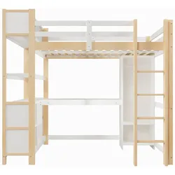 STILVORA Hochbett Kiefernholz Natur 140x200 cm mit Schreibtisch, Regalen und Kleiderschrank