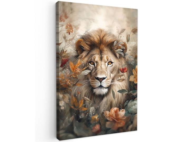 LEINWANDBILD Löwe - Wildtiere - Pflanzen - Natur - Blumen Deko XXL 80x120 cm