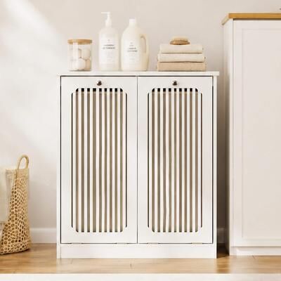 Avery Flip-Top Louvered Laundry Basket Cabinet with Silver Handle & Removable Fabric Bins by GDFStudio