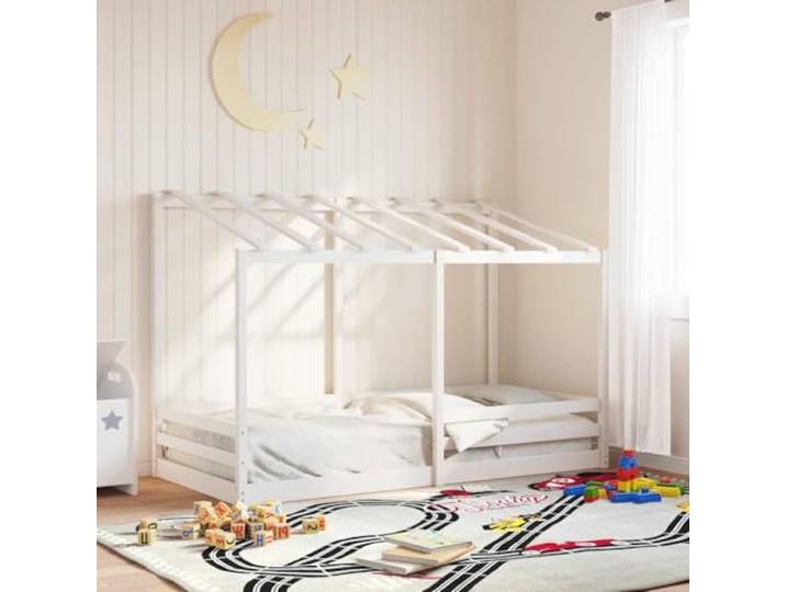 YNGBHFNOP Massives Kiefernholz Hausbett Spaß Dachdesign 90x200 cm Weiß Kinderbett mit Dach Weiß 90x200 cm Massivholz Kiefer Hausbett inkl. Rausfallschutz für Schlafzimmer und Spielbereich