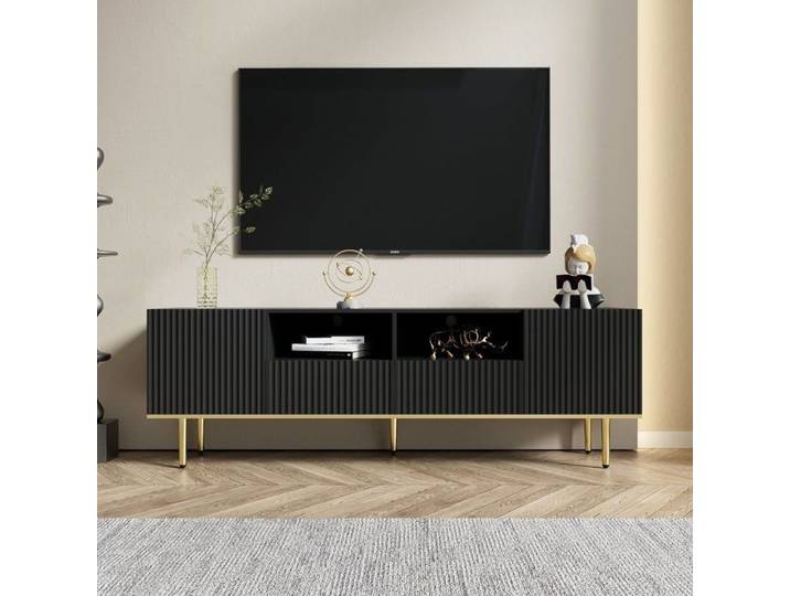 Meuble TV pour Salon de 165 cm Longueur 2 Portes et 2 Tiroirs Meuble TV Bas Moderne Pieds dorés Noir 165x36x55 cm