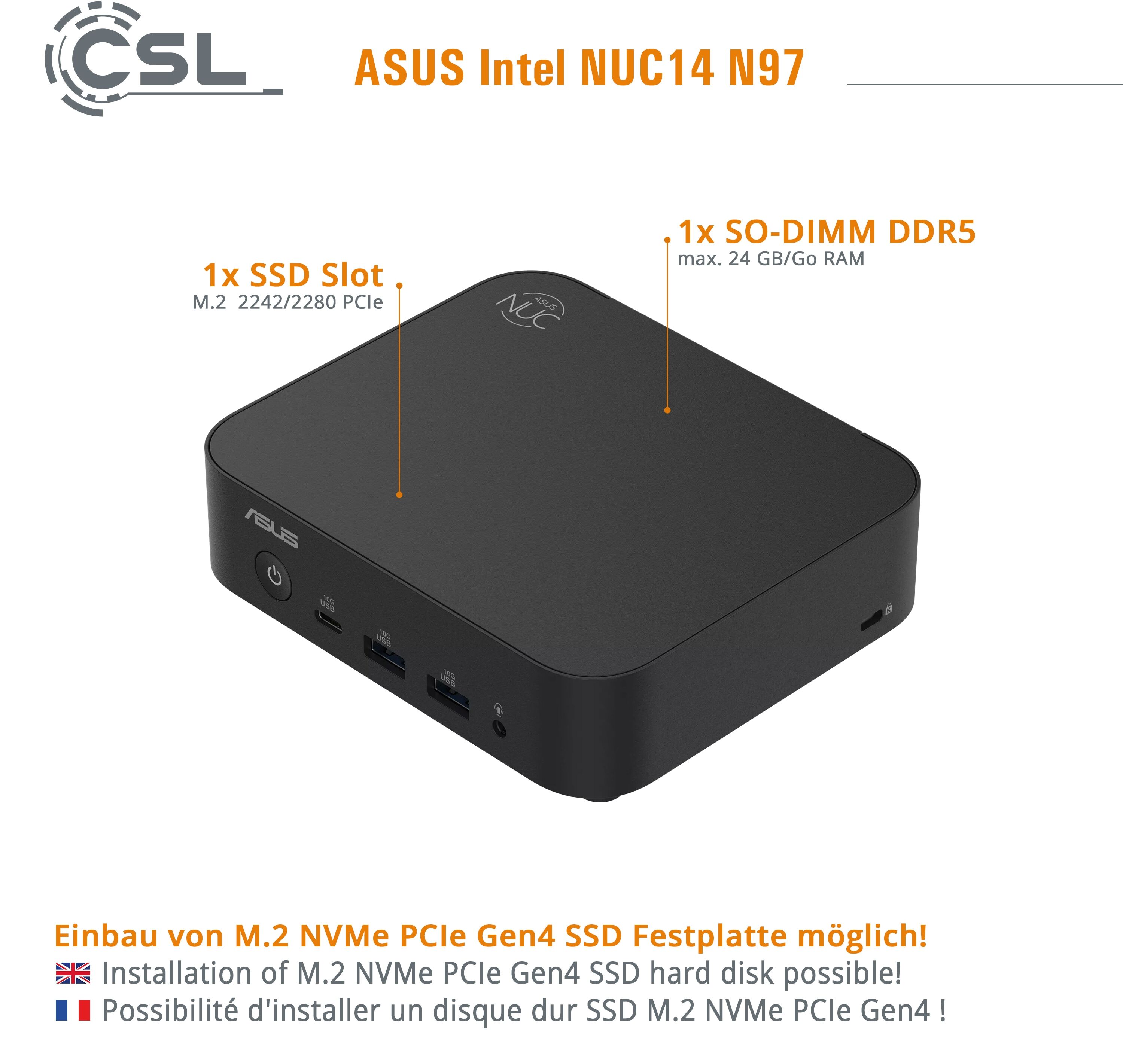 CSL PC "ASUS NUC14 N97", schwarz, Microsoft Windows 11 Home (64 Bit), Onboard Graphics, 8 GB RAM 4.000 GB SSD, Desktop-PCs, PC