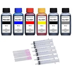 Nachfüllset für Canon PGI-530 + CLI-531 Druckerpatronen - 5 x 100 ml Druckertinte + Zubehör