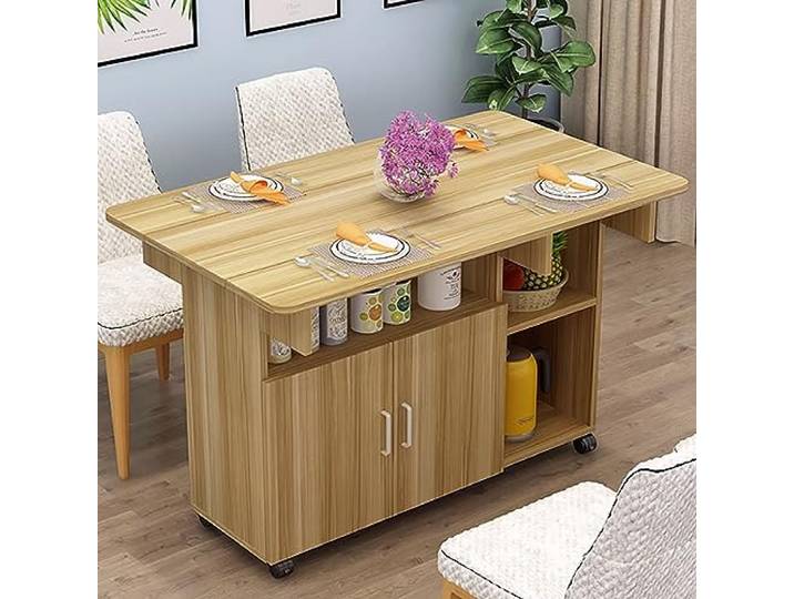 Gtzly Ausziehbarer Klappbarer Esstisch mit Abgerundeten Ecken, Drop-Leaf-KüChentisch mit 4 RäDern Und Lagerregalen/Schrank, Multifunktionaler Mobiler Tisch (Color : Natural, Size : 120 * 70 * 77cm)
