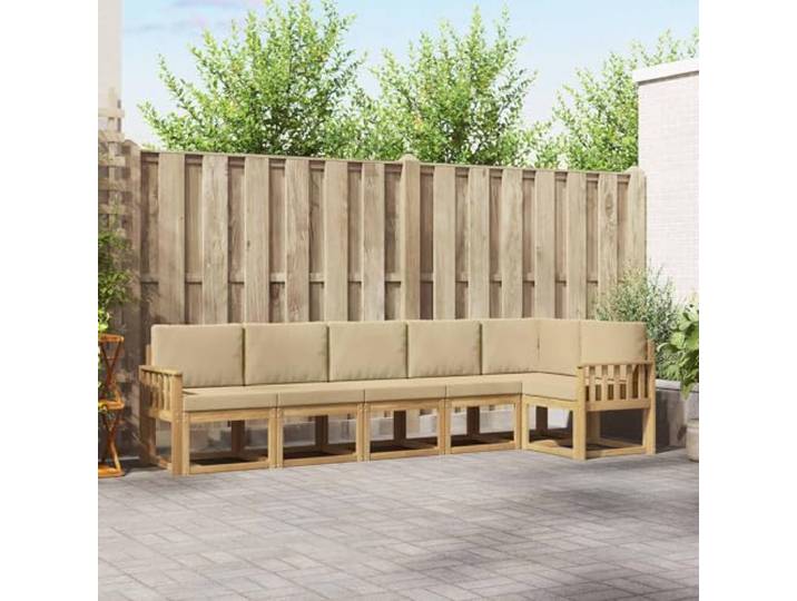 RJPLMFV Ecksofa für den Außenbereich, 6-teilig, Weiß / Beige Massives Akazienholz, modulares Design, Rückenlehne mit Latten, ganzjährig verwendbar