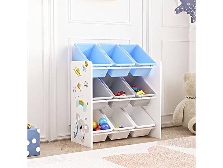 [en.casa] Kinderregal Muxía mit 9 Aufbewahrungsboxen Spielzeugregal mit Koala-Motiv Spielregal Weiß Grau Blau Kinderzimmer Organizer