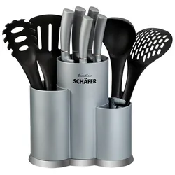 Schäfer 11-teiliges Messerblock Messer-Set sehr hochwertiges mit Bürsteneinsatz Brotmesser Spaghettilöffel Zubehör Silber