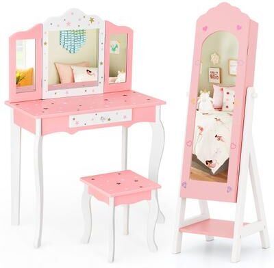 Costway 2 Pieces Kids Vanity Set and Jewelry Armoire Cabinet with Full-length Mirror-Pink
