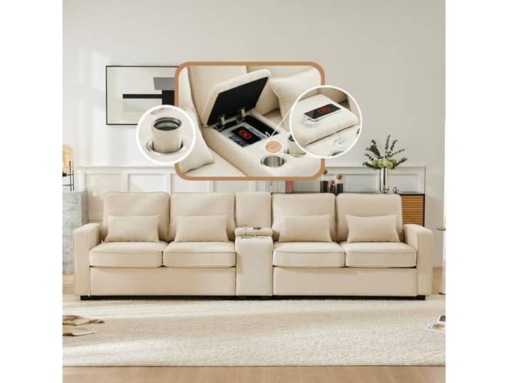 Laxnb 4 Sitzer Sofa, Modernes Viersitzer-Sofa, Konsole mit 2 Getränkehaltern & 2 USB, Große Polster Couch mit Armlehnentaschen und 4 Kissen, Polstersofa geeignet für Wohnzimmer, Leinenstoff Beige